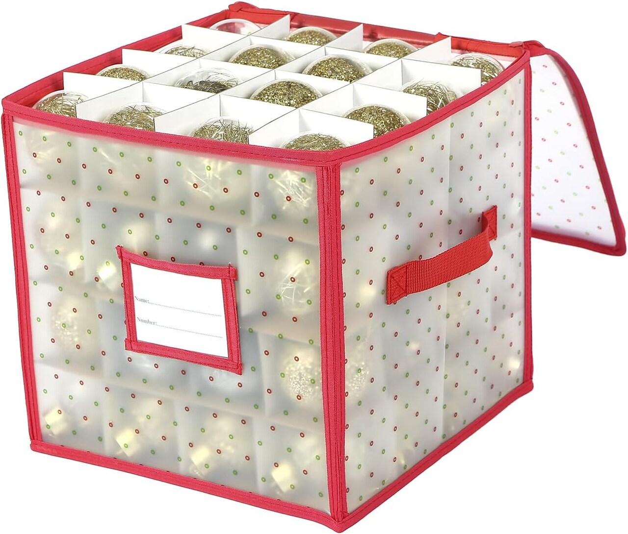 Plastic Christmas Ornament Storage Box with Zippered Closure - Store up to 64 of the 3-inch Standard Christmas Ornaments, Xmas Ornaments Storage with Dividers & Two Handles